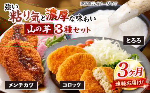 【全3回定期便】【冷凍】いも 山の芋3種セット （とろろ コロッケ メンチカツ） 山芋 とろろ 冷凍 やまいも 長芋 長いも 野菜 健康 定期便 山の芋 定期便 コロッケ メンチカツ 冷凍食品 惣菜 吉舎食品 三次市 特産品 やまのいも 長芋 やまいも とろろごはん 揚げ物 栄養満点 ほくほく 食卓 広島 簡単調理 広島 三次 送料無料 ふるさと納税 三次市/吉舎食品 [APAD006]