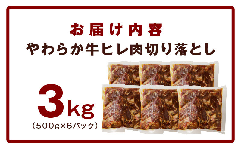 やわらか 牛ヒレ肉 切り落とし 3kg【小分け 500g×6P 氷温熟成×特製ダレ サイズ不揃い ステーキ ひと口サイズ カット済み】 mrz0153