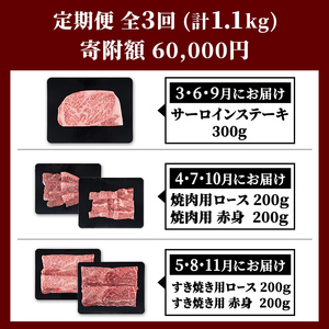s702  ＜定期便・全3回＞鹿児島県産 北さつま高崎牛 プレミアムセット (合計約1.1kg)  黒毛和牛 牛肉 A5ランク A5等級 ステーキ サーロイン 霜降り サシ 赤身 すきやき すき焼き 