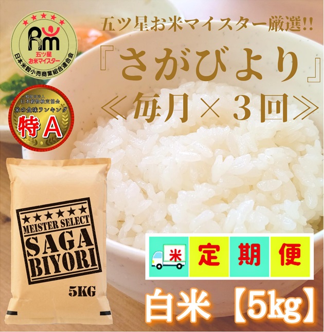 CIC59_【３回定期便】さがびより白米５kg 【五つ星お米マイスター厳選！】