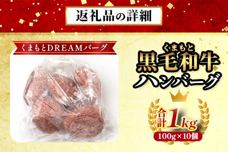 くまもと黒毛和牛 DREAMバーグ 100g×10個 【計1kg】 生 ハンバーグ 牛肉 100％ ブランド牛 黒毛 和牛 お弁当 熊本 上質 肉 惣菜 冷凍 小分け 熊本県 113-0540