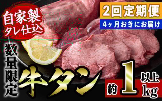 i1028-C  ＜定期便・計2回(4カ月おきにお届け)＞自家製ソミュール液漬け 牛タン (計2本・約2kg以上)  アメリカ産 タン 牛タン 焼き肉 焼肉 バーベキュー BBQ 牛肉 希少部位 ブロック お肉 タン肉  厚切り タン先 タン元 タン中 まるごと 一本  【スーパーよしだ】