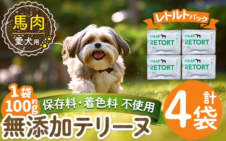 a1087-B ＜保存料・着色料 不使用＞愛犬用無添加テリーヌ レトルトパック 馬テリーヌ4袋(1袋約100g・合計約400g)【Nフードサービス】姶良市 馬 テリーヌ 犬 ドッグ ペット フード エサ レトルト おやつ ごはん ご飯 間食 ご褒美