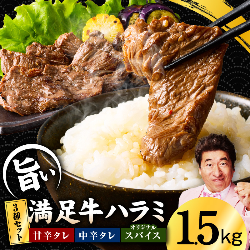 【満足牛ハラミ】3種セット （甘辛タレ漬け・中辛タレ漬け・オリジナルスパイス仕込み） 合計1.5kg 【味付け ハラミ 小分け 焼くだけ 簡単調理 BBQ 牛肉 250g×6P 普段使い】 099H4186