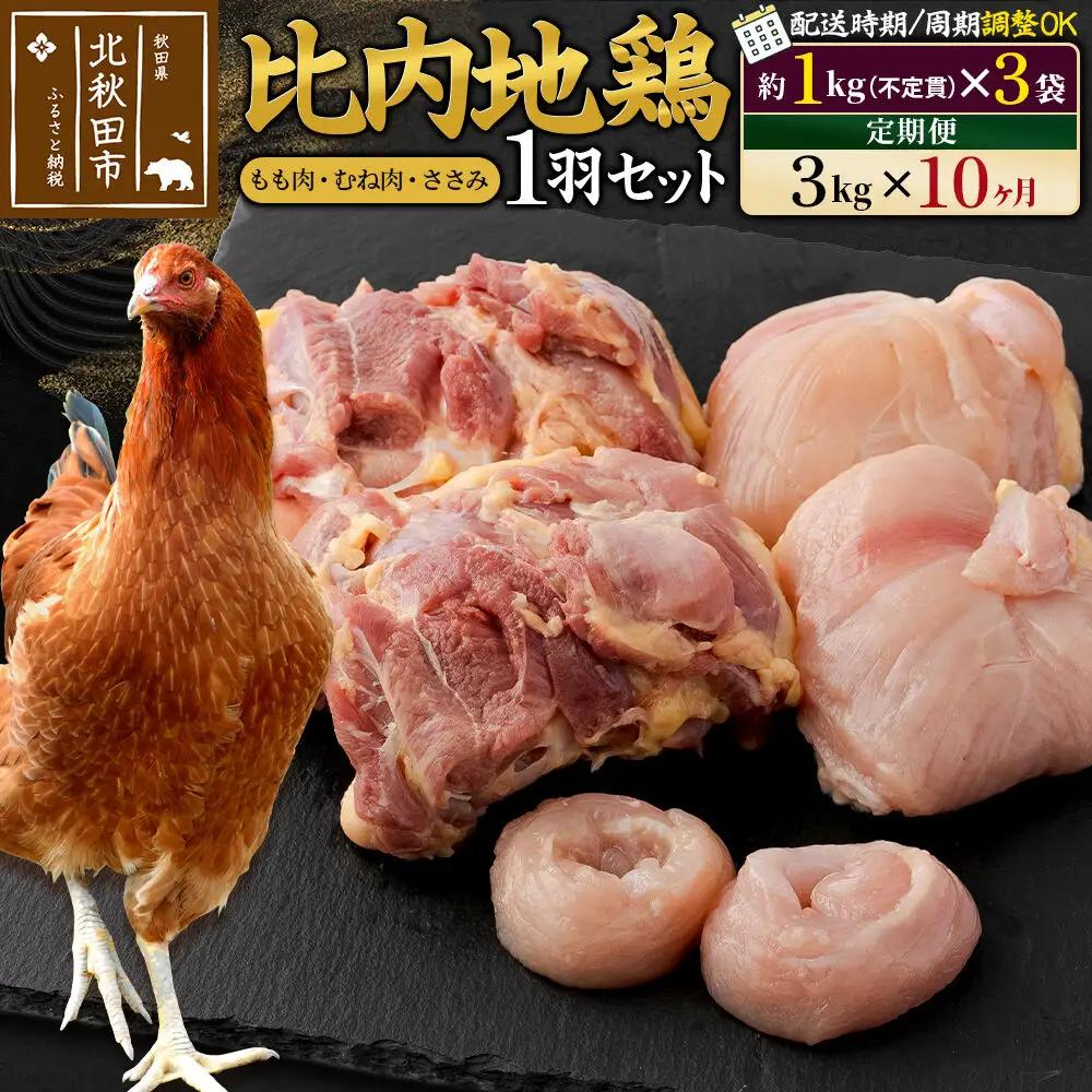 《定期便10ヶ月》 比内地鶏 1羽セット（もも肉・むね肉・ささみ）約3kg（約1kg（不定貫）×3袋）×10回 計30kg 時期選べる お届け周期調整可能 10か月 10ヵ月 10カ月 10ケ月 30キロ 国産 冷凍 正肉 鶏肉 鳥肉