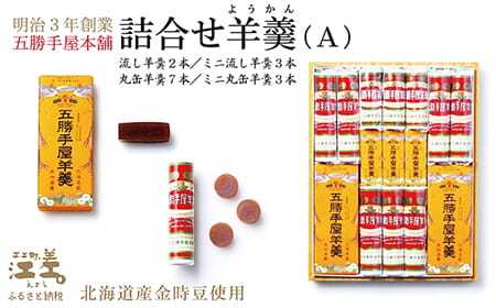 五勝手屋本舗『詰合せ羊羹』（A）流し羊羹2本/ミニ流し羊羹3本/丸缶羊羹7本/ミニ丸缶羊羹3本　金時豆のようかん　保存料不使用　五勝手屋羊羹の老舗　和菓子　銘菓　名物　贈答用　ギフト　お中元　お歳暮　お祝い　のし　熨斗
