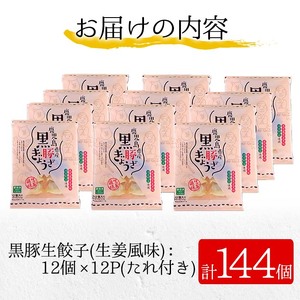 餃子（生姜風味）合計144個（12個×12P）鹿児島県産黒豚を使用した生餃子。おろし生姜を加えジューシーに仕上げました。焼餃子や水餃子などでご自宅で餃子パーティー【A-1713H】