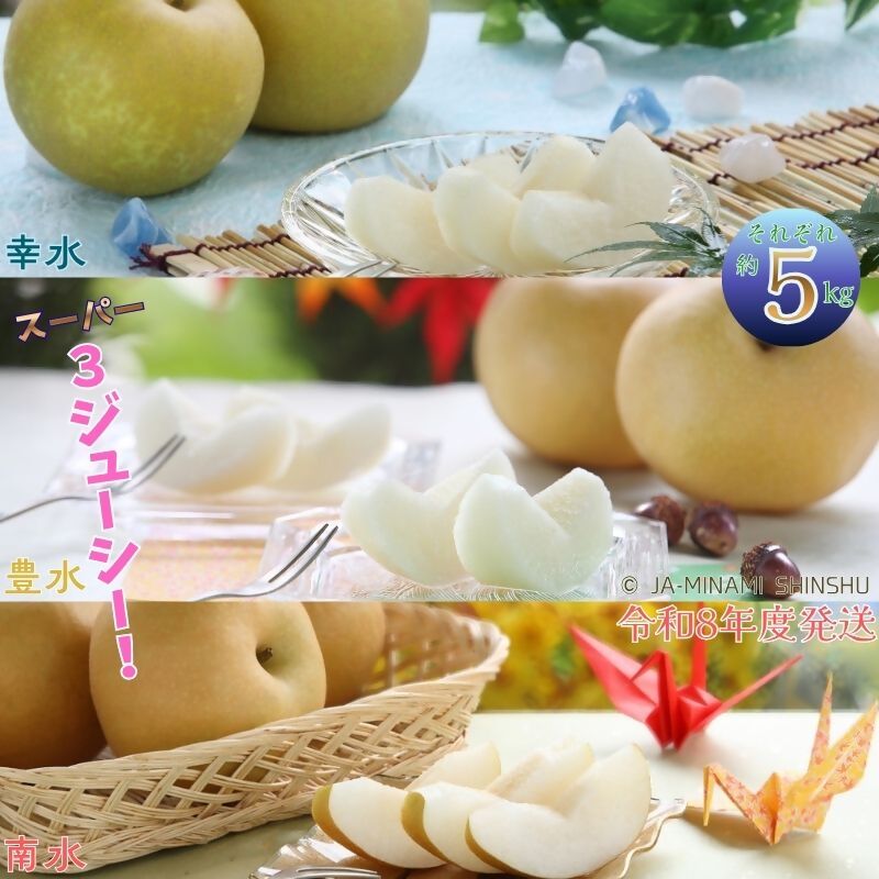 【ふるさと納税】【令和8年度発送先行予約品】8-J22　梨 3銘水～無敵のスーパー3ジューシー！～（各約5kg） 糖度 光センサー 9月 南信州 喬木村 幸水 豊水 南水 セット 定期便