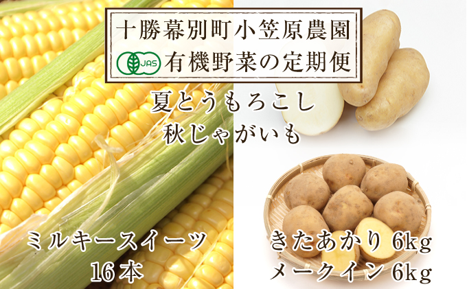 小笠原農園の有機野菜の定期便 夏とうもろこし「ミルキースイーツ」16本・秋じゃがいも2種（きたあかり6kg・メークイン6kg）2024年8月発送開始