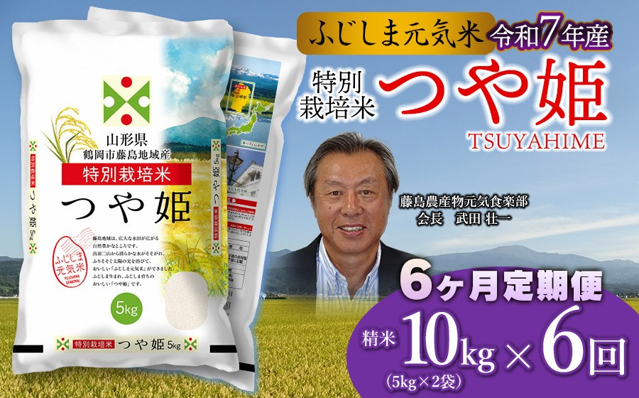 
            【令和7年産先行予約】【6ヶ月定期便】特別栽培つや姫 ふじしま元気米 精米 10kg(5kg×2袋)×6回 【毎月発送】合計60kg
          