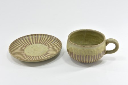 京焼「新羅釉木賊紋コーヒー碗・皿」(ピスタチオグリーン)1セット〈カップ 食器