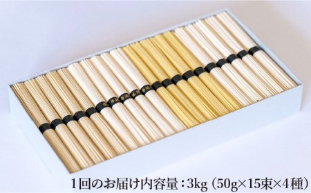 【定期便 4回】手延べ 麺 詰め合わせ 3kg (50g×60束) / そうめん パスタ 中華めん うどん 南島原市 / 池田製麺工房[SDA023]