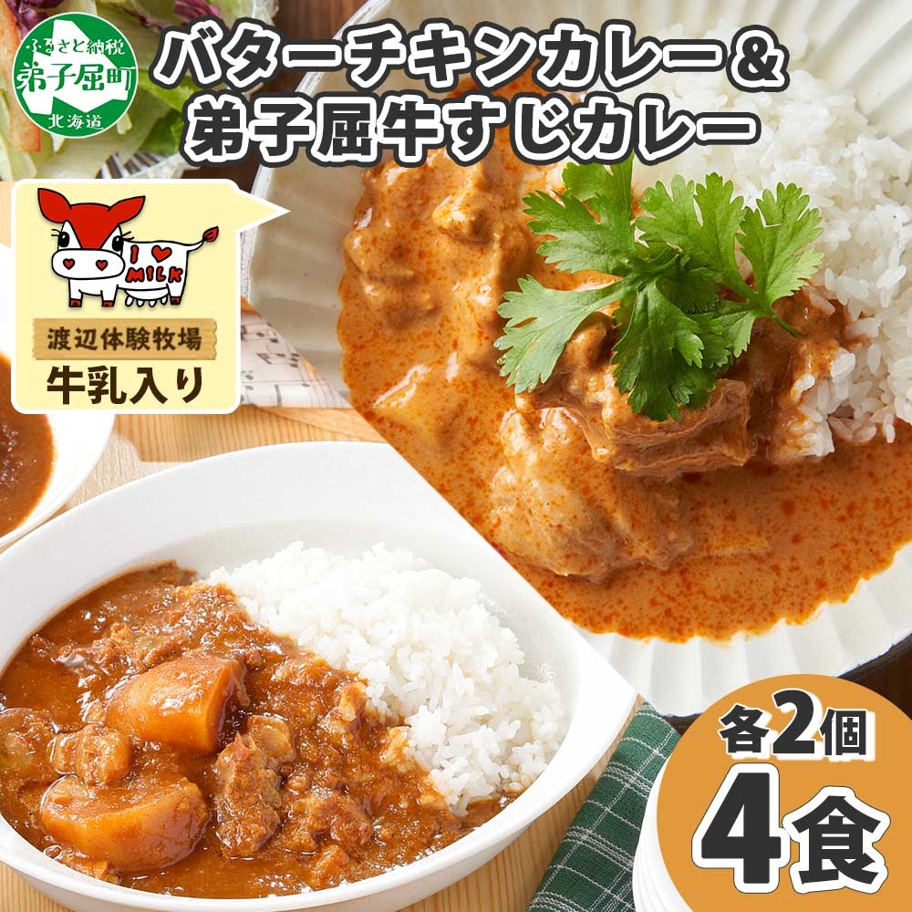 1445. 弟子屈 カレー 2種 食べ比べ 計4個 中辛 バターチキンカレー 牛すじカレー 鶏肉 牛肉 じゃがいも 業務用 レトルトカレー レトルト 北海道 弟子屈町_イメージ1