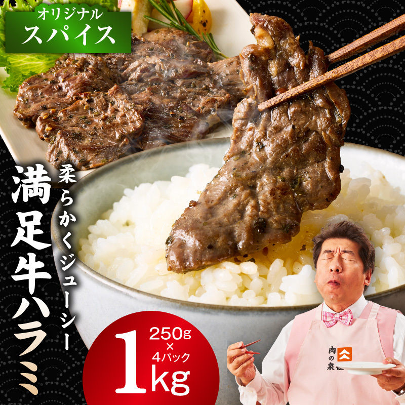 【満足牛ハラミ】オリジナルスパイス仕込み 合計1kg 【味付け ハラミ 小分け 焼くだけ 簡単調理 BBQ 牛肉 250g×4P】 G3356