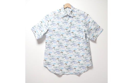 CLOFT 麻100％半袖プリントシャツ”縁起の良いクジラ柄”マリン柄（C/＃11 ホワイト） M 新宿区 シャツ カジュアル オリジナル 柄 上質 こだわり プレゼント 半袖 ホワイト 白 0139-030-S07-1