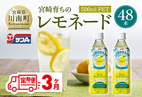 【3ヶ月定期便】サンA宮崎育ちのレモネード500mlＰＥＴ　24本入り×2ケース【 全3回 飲料 栄養機能食品 レモン 檸檬 マルチビタミン配合 セット ジュース PET 長期保存 備蓄 送料無料】[