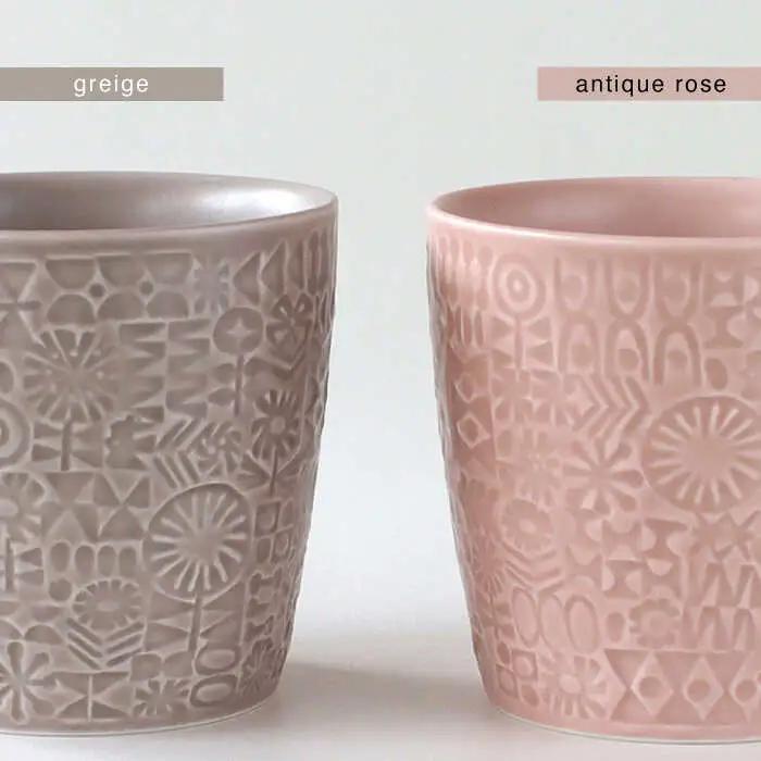 【波佐見焼】PATTERNED CUP ペア2色セット greige ＋ antique rose　【BIRDS’ WORDS】[CF068]