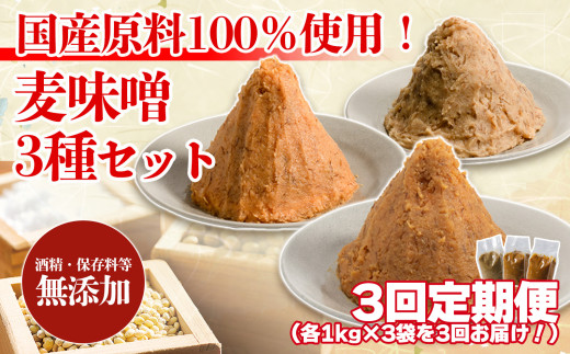 【3回定期便】麦みそ 3種セット 1kg 各3個 計9kg | 甘口 中辛 合わせ 減塩 低塩 麦みそ 国産 大麦 大豆 味噌 みそ 粒みそ 調味料 麹 こうじ 味噌汁 みそ汁 愛媛県 松前町 えひめけん まさきちょう ギノーみそ
