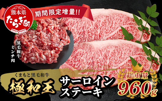 
                  《2・3月発送 限定増量》【極 和王】 くまもと黒毛和牛 和王 サーロインステーキ 330g×2 + 黒毛和牛ミンチ300g (計960g) ブランド牛 最高級グレード 極み 上質 旨味 サーロイン ステーキ 冷凍 熊本県 113-0531
                