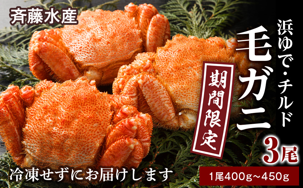 ★期間限定★ 浜ゆで！毛ガニ 約400g～450g×3尾 チルド配送 7/17~7/30発送【斉藤水産】 北海道 冷蔵 チルド 毛蟹 カニ かに 白老 前浜