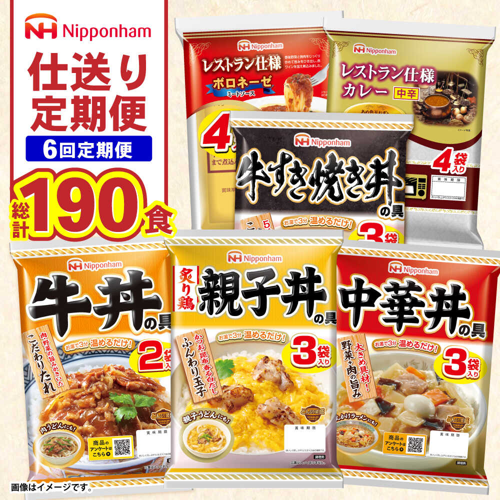 【ふるさと納税】【6回定期便】仕送り定期便（ボリュームコース） 6種 190食分 / 小分け レトルト カレー レトルトカレー どんぶり 丼 パスタ パスタソース 簡単 温める レンジ レンチン 仕送り 大学生 一人暮らし 単身赴任 防災 保存食 / 諫早市 / 日本ハム[AHAL028]