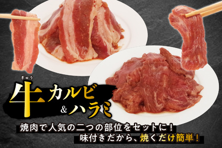 訳あり 味付け 牛 ハラミ ＆ カルビ セット 計 1.6kg （ 各 400g × 2パック ） 不揃い 日高昆布 使用 特製タレ漬 牛肉 はらみ かるび 焼肉 バーベキュー 冷凍 北海道 新ひだか