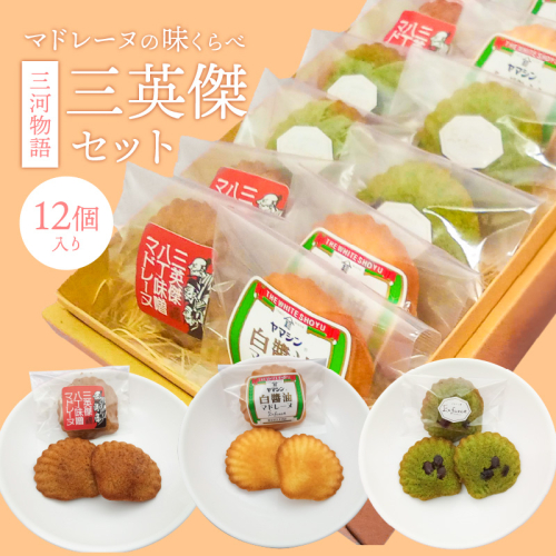 三河物語 三英傑セット～碧南が発祥の白しょう油 三英傑が愛した西尾の抹茶、徳川家康お膝元の八丁味噌を使ったマドレーヌの味くらべセット～12個入り H043-010