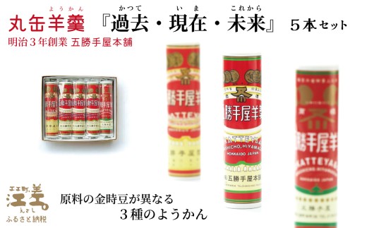 【数量限定】五勝手屋本舗『丸缶羊羹（ようかん）過去・現在・未来』5本セット　五勝手屋羊羹の「かつて・いま・これから」　金時豆　大正金時　紅金時　秋晴れ　ようかん　復刻　保存料不使用　老舗　和菓子　銘菓　ギフト　贈答