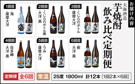 2117-1 定期 全6回 飲み比べ 芋焼酎 25度 1800ml 計12本 大海酒造 鹿児島県鹿屋市産 KN083-T02 焼酎 酒 お酒 アルコール 芋焼酎 定期便 定期 地酒 水割り お湯割り 