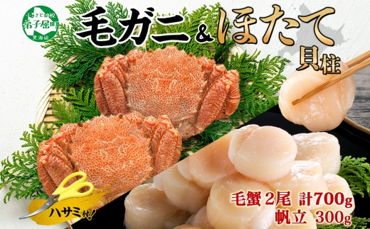 
            3419. 毛蟹 2尾 計700g前後 ホタテ 300g 専用ハサミ・食べ方ガイド付き 毛ガニ 毛がに 蟹 カニ カニ味噌 ほたて 帆立 貝柱 セット 海鮮 ボイル 送料無料 北海道 弟子屈町
          