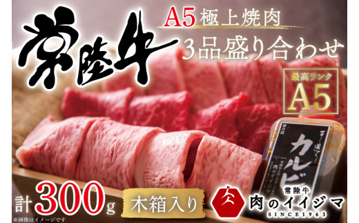＼最短翌日〜5営業日以内発送／ 母の日 食べ物 肉 常陸牛A5 極上焼肉3品盛り合わせ 計300g＜木箱入り・特製タレ付き＞ 内祝い お祝い プレゼント 誕生日 食べ物 ギフト対応 茨城県 水戸市【肉のイイジマ】（DU-32）