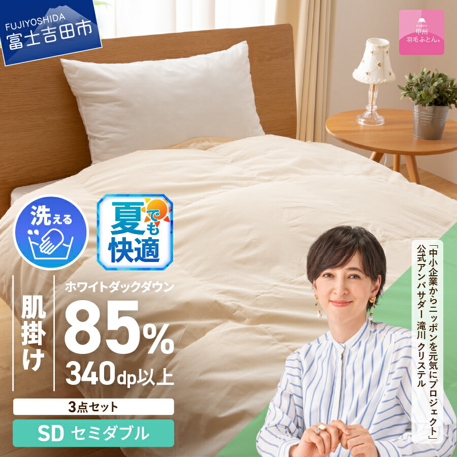 【ふるさと納税】 夏用 羽毛布団 掛け布団 セット セミダブル 日本製 洗える 肌掛け 掛け布団カバー 枕カバー 綿100％ 3点セット 抗菌 除菌 ウイルス除去 防ダニ 掛けカバー 布団セット 洗濯可 国産 衣替え ベッド 暖かい 【甲州羽毛ふとん】
