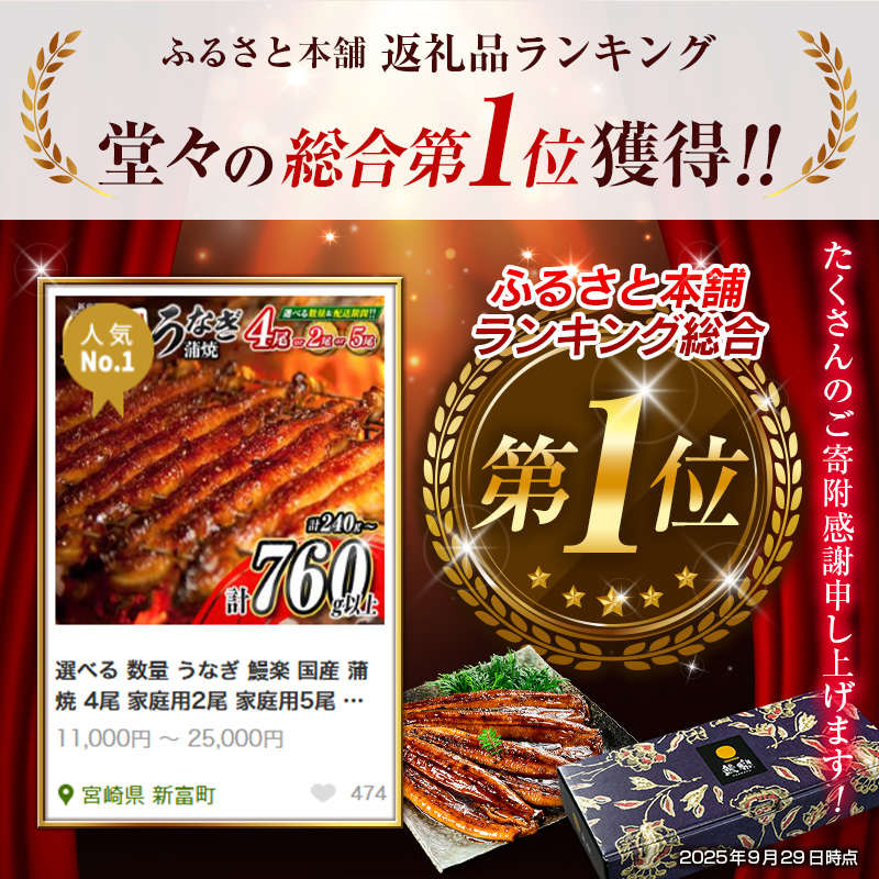 ＜数量限定!!＞特大 うなぎ 定期便 国産 鰻 蒲焼 4尾セット 全3回 隔月定期便（合計2.2kg以上）魚介 贈答品 ギフト ウナギ 期間限定 鰻楽【E193】