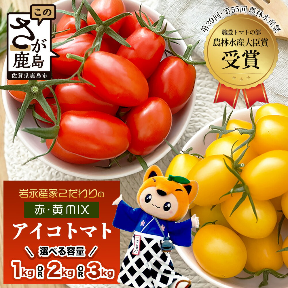 【ふるさと納税】選べる容量 岩永さんちのミニトマト | アイコ赤・黄MIX | 約1kg / 2kg / 3kg【農林水産大臣賞受賞】有機肥料・化学肥料不使用 | 生産者直送 野菜 旬 とまと プチトマト サラダ やさい 旬 新鮮 おやつ お弁当 ふるさと 人気 送料無料 佐賀県 鹿島市 B-893