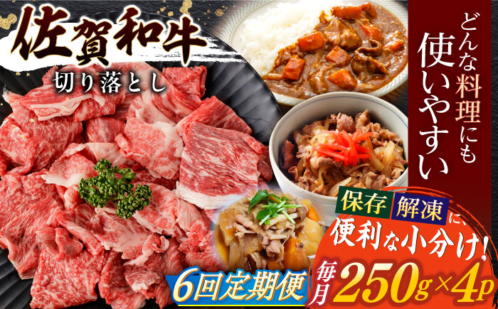 【6回定期便】佐賀和牛 切り落とし 計1kg(250g×4p) / 佐賀和牛 佐賀県産黒毛和牛 牛肉【一ノ瀬畜産】 [NAC166]