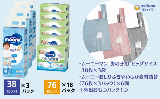 ムーニーマン 男の子用 ビッグサイズ 38枚×3袋・ムーニーおしりふきやわらか素材詰替（76枚×3パック）×6個 ＋外出おむつバッグ１つ