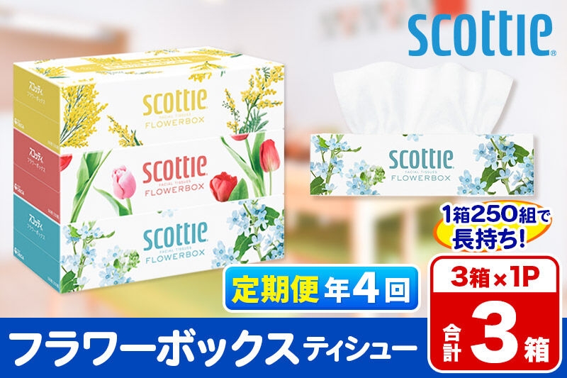 
                  《3ヶ月ごとに4回お届け》定期便 ティッシュペーパー スコッティ ティシュー フラワーボックス 250組 3箱パック×1パック 秋田市オリジナル [ティッシュ ボックスティッシュ]
                