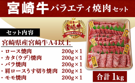 宮崎牛バラエティ焼肉セット1kg_AC-8922_(都城市) 宮崎県産 宮崎牛 ロース ウデ バラ 肩ロース モモ バラエティセット 食べ比べ 霜降り コク 旨み