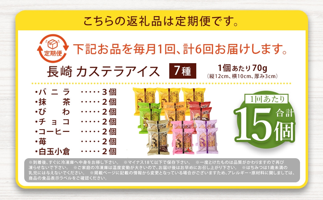 長崎カステラアイス7種15個（バニラ・抹茶・びわ・チョコ・コーヒー・苺・白玉小倉）