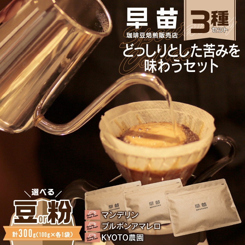 
【早苗】焙煎珈琲豆（どっしりとした苦みを味わうセット　3種×各100g） スペシャルティコーヒー 珈琲 セット 3種 しっかり焙煎 苦め コク深 ジッパー チャック付き 豆 粉 東京 新宿 0020-005-S05
