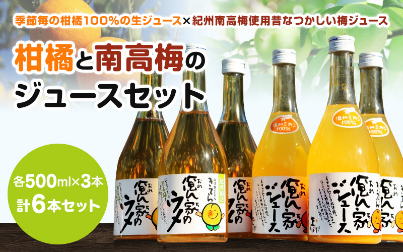 
            紀州産ミカンジュースと南高梅のジュースセット  季節毎の柑橘ジュース500ｍl×3本、梅ジュース500ｍl×3本 / 和歌山 和歌山県産 田辺市 紀州南高梅 梅  梅ジュース みかん みかんジュース 100％ジュース ジュースセット【ktr001-3】
          
