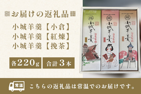 佐賀県鹿島市産 城羊羹（小倉、挽茶、紅煉）３本入り（1本220g×３本）A-183