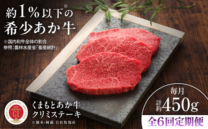 
                  【全6回定期便】【GI認証】くまもとあか牛クリミステーキ 約150g×3枚 / 菊陽町 あかうし ギフト人気 おすすめ ステーキ 熊本県 肉 にく バーベキュー 贈り物 贈答 BBQ お取り寄せ ブランド 旨み くまもとあか牛 和牛 阿蘇 自然 自社牧場 直接 最高 上質 牛 牛肉 ぎゅうにく ぎゅう肉 冷凍 贅沢 ご褒美 九州 国産 GI  【有限会社 三協畜産】[BHAS064]
                