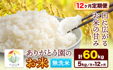 無洗米【12ヶ月定期便】令和7年産 ありがとう園のお米 5kg《お申込み月の翌月から出荷開始》