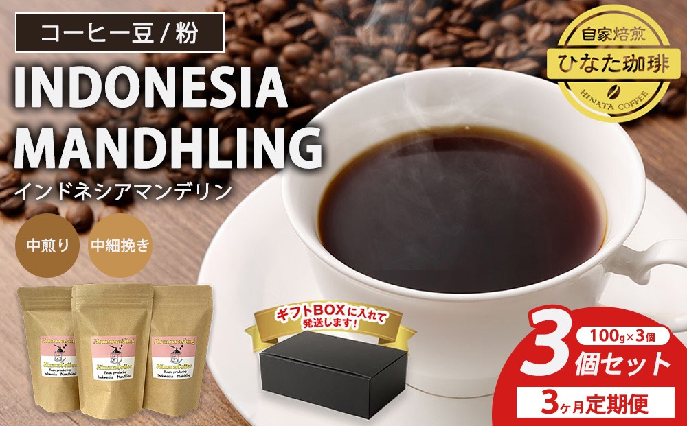 【3カ月定期便】コーヒー 豆 粉（インドネシア マンデリン 中煎り 中細挽き）100g × 3個セット | ミディアムロースト ギフトBOX付き コーヒー 珈琲 自家焙煎 ひなた珈琲 幸田町 送料無料