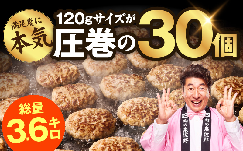 肉の泉佐野 ハンバーグ 30個（合計3.6kg）【黒毛和牛 なにわポーク入り 120g×30個 小分け 冷凍 ストック 人気 総菜 はんばーぐ 訳あり 簡単調理 おかず お弁当】 CFX0115