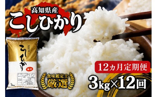 令和8年産 新米 コシヒカリ 定期便 3kg 12回 選べる容量 選べる回数 8月中旬発送開始 農家直送 高知県産 清流 新荘川流域 清流育ち 早場米 白米 精米 お米 おこめ ご飯 ごはん おにぎり こめ 食味鑑定士 国産 産地直送 高知県 須崎市