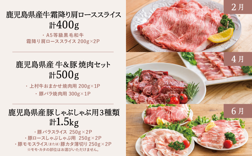 【定期便全6回】情熱牧場 鹿児島県産お肉の定期便 トライアルコース お肉 すき焼き しゃぶしゃぶ 焼肉 BBQ A5等級 黒毛和牛 牛肉 豚肉 スライス 小分け 定期便 冷凍 カミチク 南さつま市