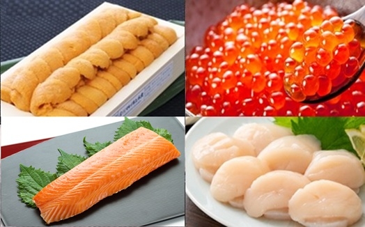 
                  E-71044 エゾバフンウニ100g×1折、いくら醤油漬け(鱒卵)100g×1P、お刺身ホタテ貝柱300g×1P、お刺身サーモン300g～500g(1～3本)[11月下旬以降発送]
                