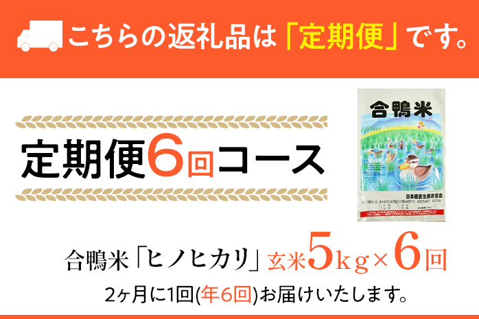令和7年産 新米予約 合鴨米「ヒノヒカリ」（玄米・5kg）定期便6回コース　BI04　※2025年10月より順次出荷予定(隔月発送予定)